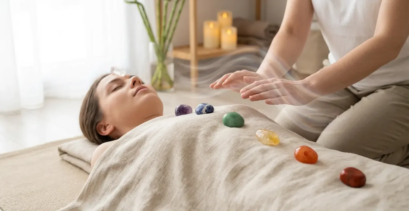 Sesión de terapia con cristales mostrando piedras de colores sobre los puntos energéticos de una persona