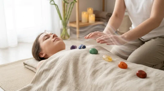 Sesión de terapia con cristales mostrando piedras de colores sobre los puntos energéticos de una persona