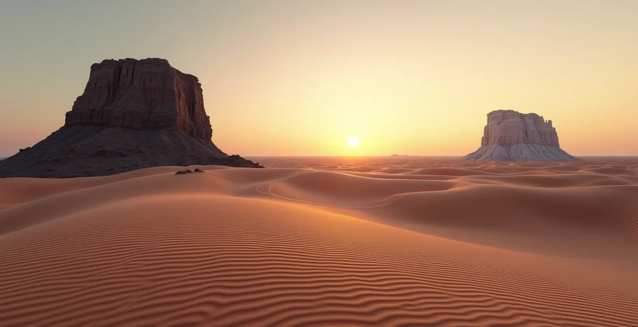 Representación visual del eje Lilith-Priapo en la carta astral, mostrando dos formaciones rocosas opuestas en un desierto