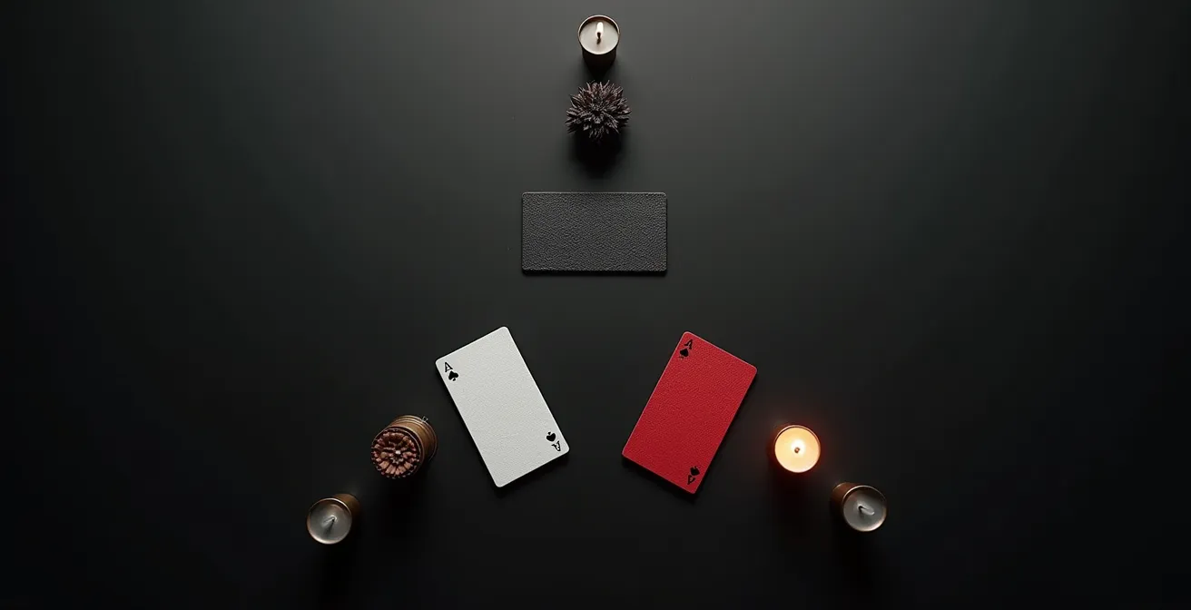 Vista cenital minimalista de tres grupos de cartas de tarot dispuestos en triángulo sobre superficie negra con velas
