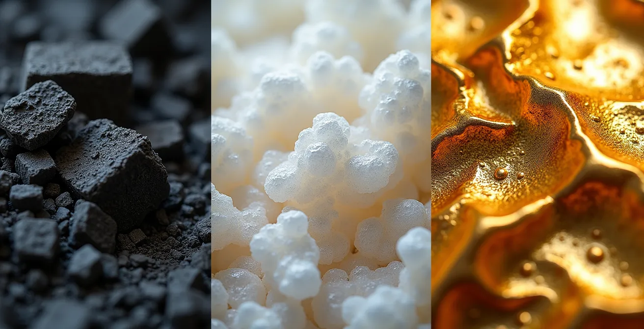 Tres fases alquímicas representadas en texturas naturales de carbón, sal y oro