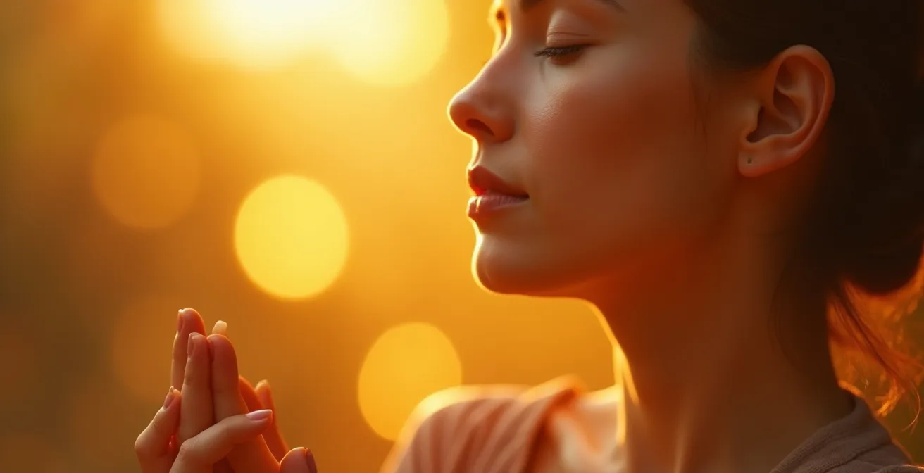 Persona meditando envuelta en esfera protectora de luz dorada