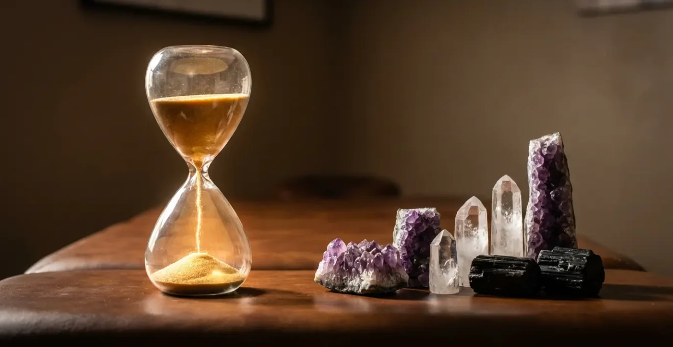 Terapeuta observando el tiempo durante una sesión de cristaloterapia con reloj de arena