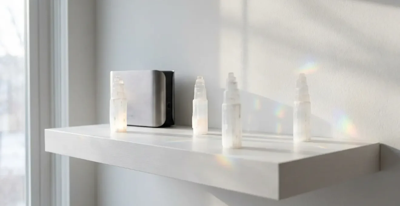 Torres de selenita colocadas estratégicamente en esquinas de sala luminosa