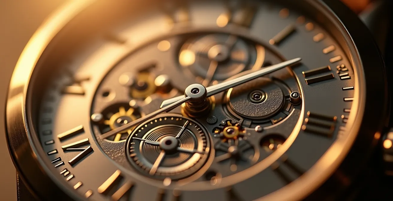 Primer plano macro de un reloj analógico marcando las 11:11, con reflejos dorados y textura detallada