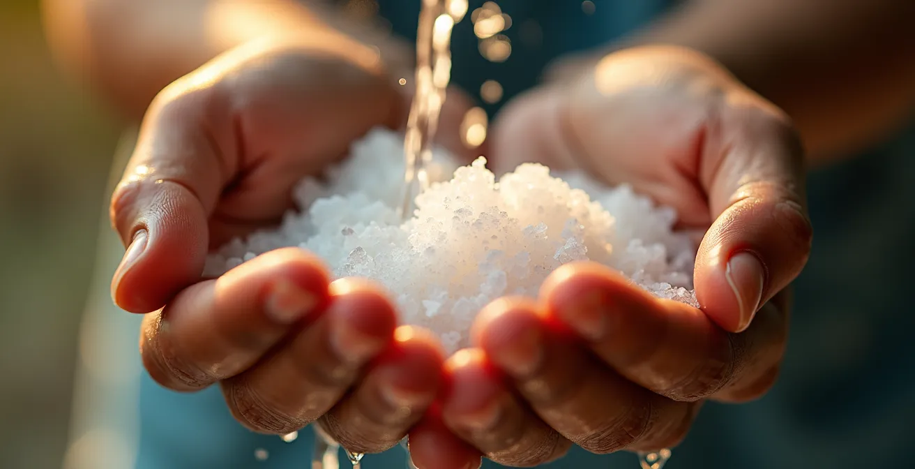 Manos bajo agua con cristales de sal marina y luz dorada fluyendo