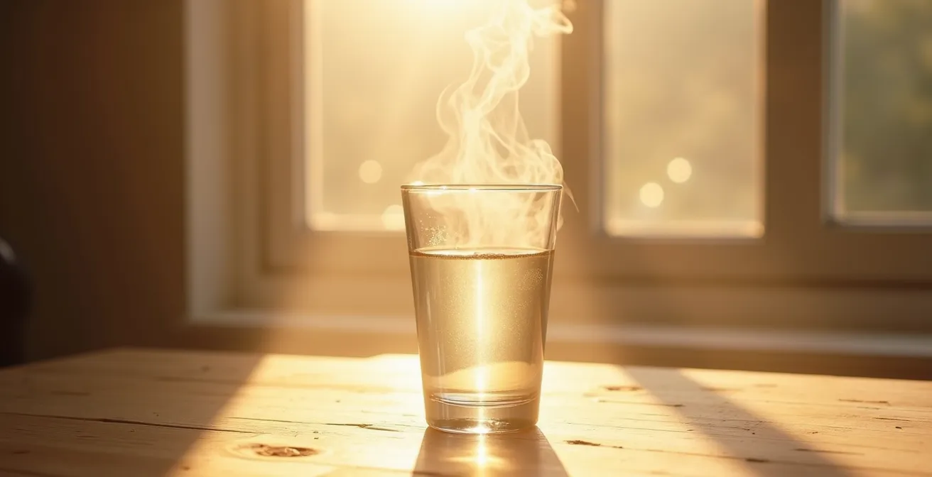 Vapor ascendiendo de un vaso de agua tibia con luz dorada de la mañana
