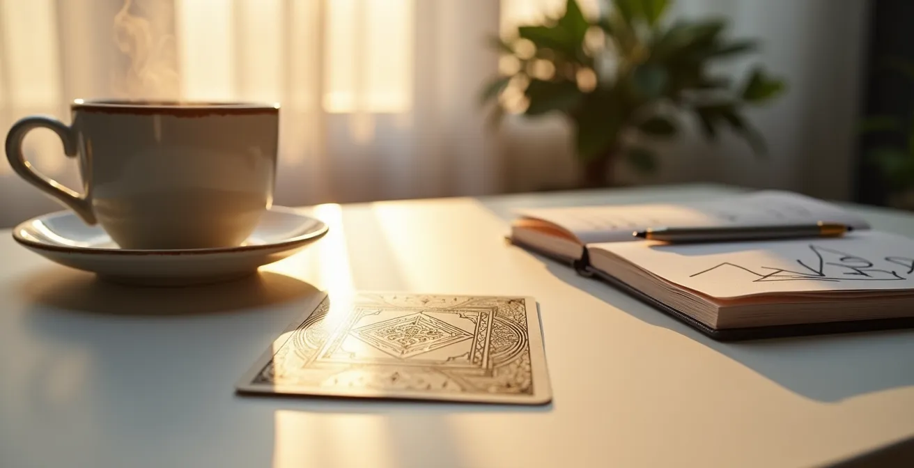 Escritorio minimalista con una carta de tarot, libreta abierta y taza de café en luz matutina