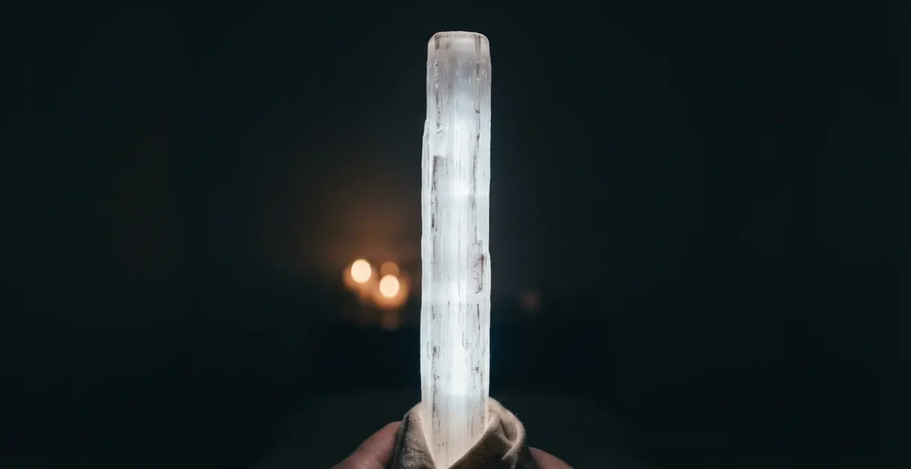 Vara de selenita iluminada siendo usada para sellar el campo energético