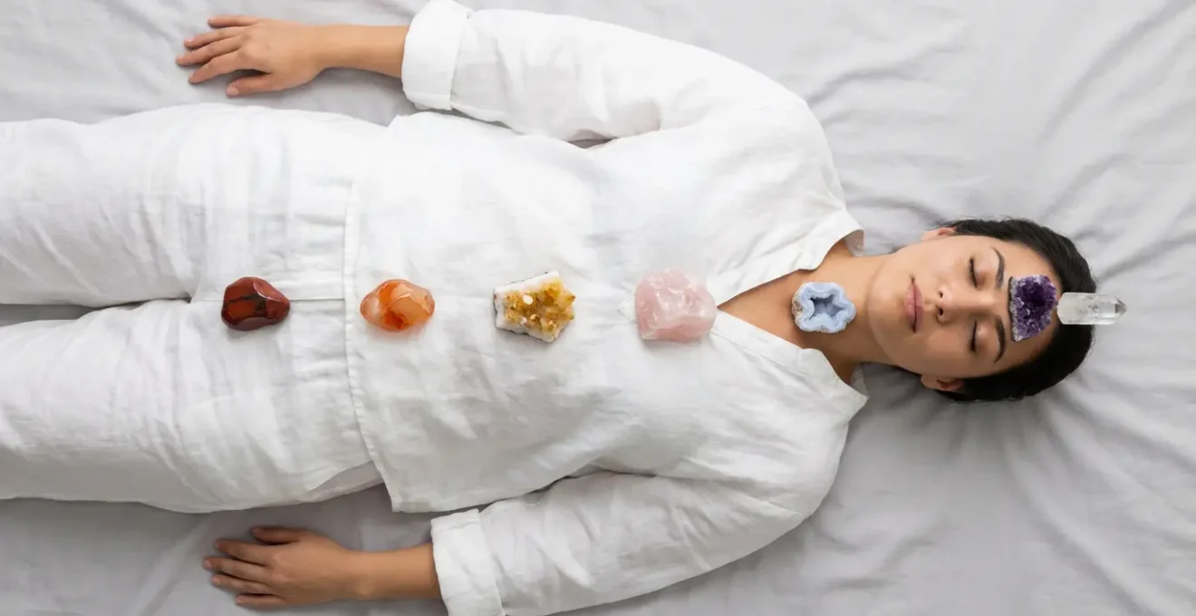 Vista cenital de una persona acostada con cristales de diferentes colores colocados sobre los puntos de los chakras