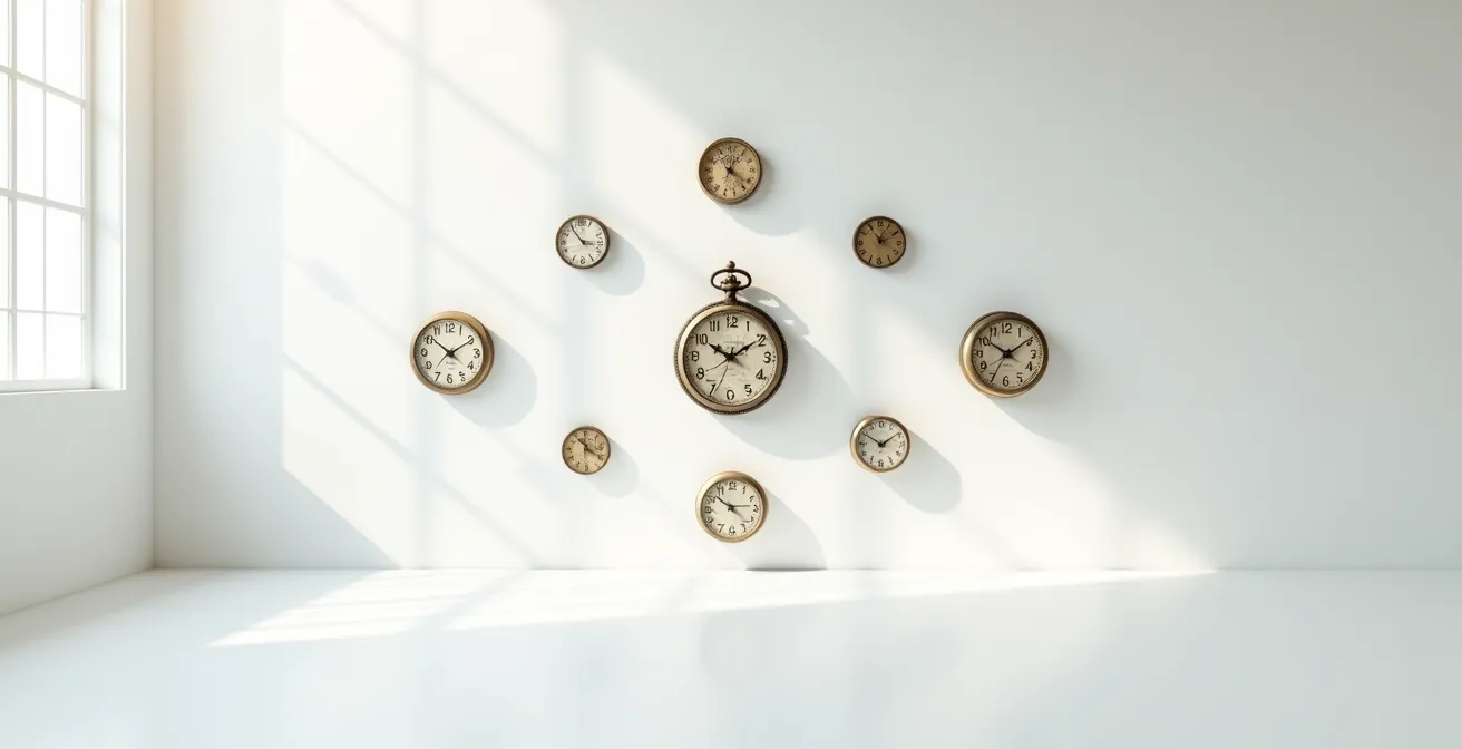 Múltiples relojes mostrando patrones numéricos sincronizados en diferentes momentos del día