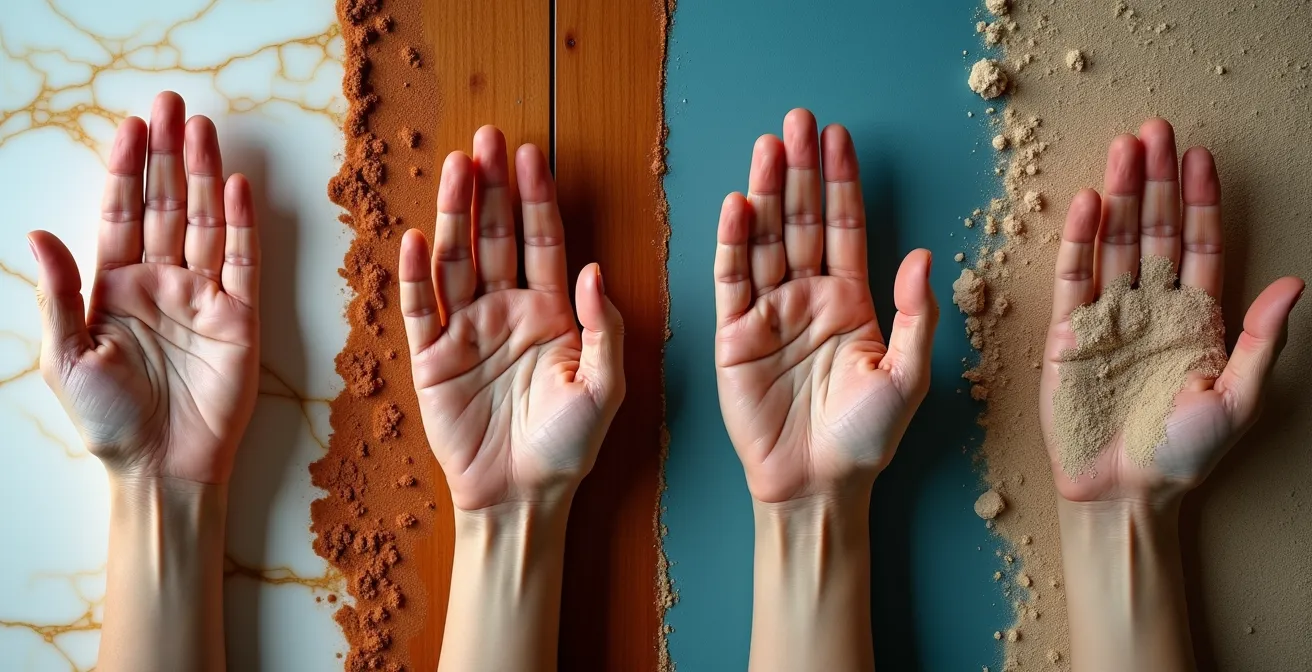 Cuatro manos diferentes mostrando características de cada elemento en quiromancia