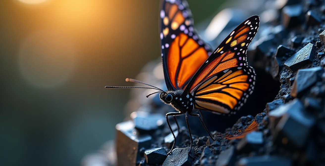 Metamorfosis simbólica de mariposa emergiendo de cristal oscuro