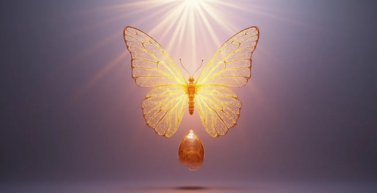 Metamorfosis de una crisálida oscura transformándose en mariposa dorada con alas de luz