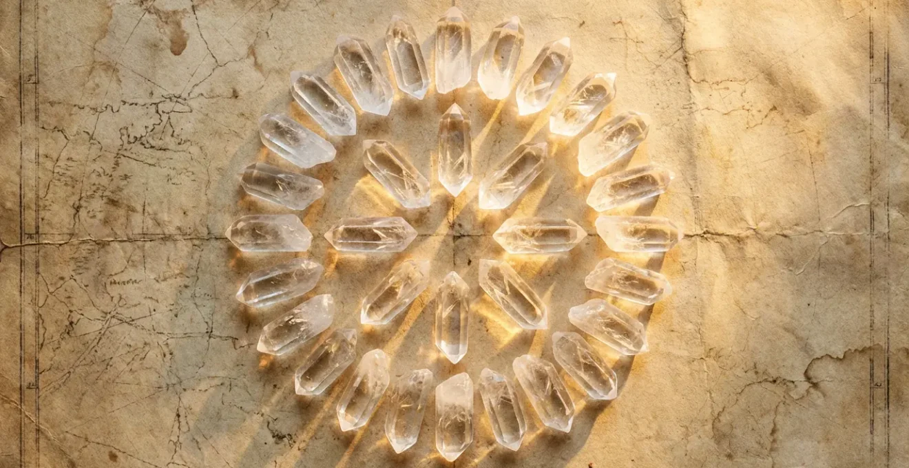 Detalle de triángulos en las caras de un cuarzo maestro con reflejos de luz