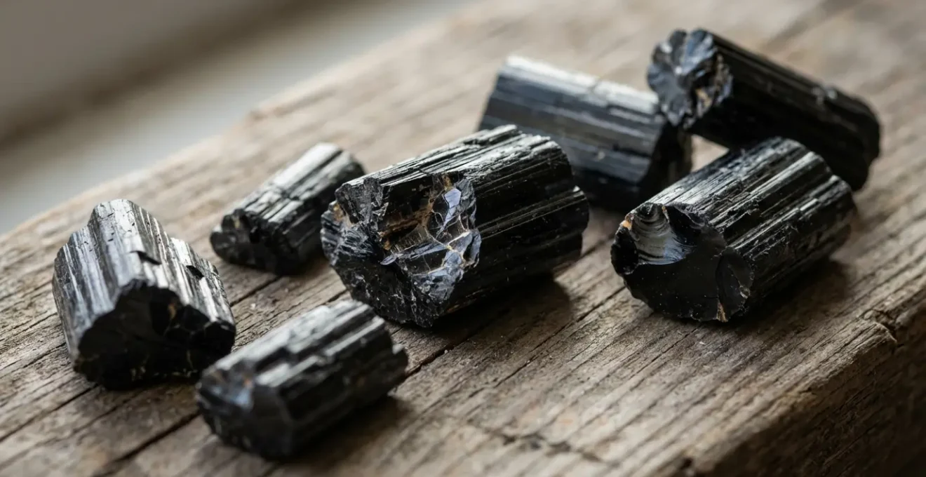 Turmalina negra rota en fragmentos sobre superficie de madera mostrando su transformación energética