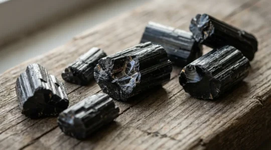 Turmalina negra rota en fragmentos sobre superficie de madera mostrando su transformación energética