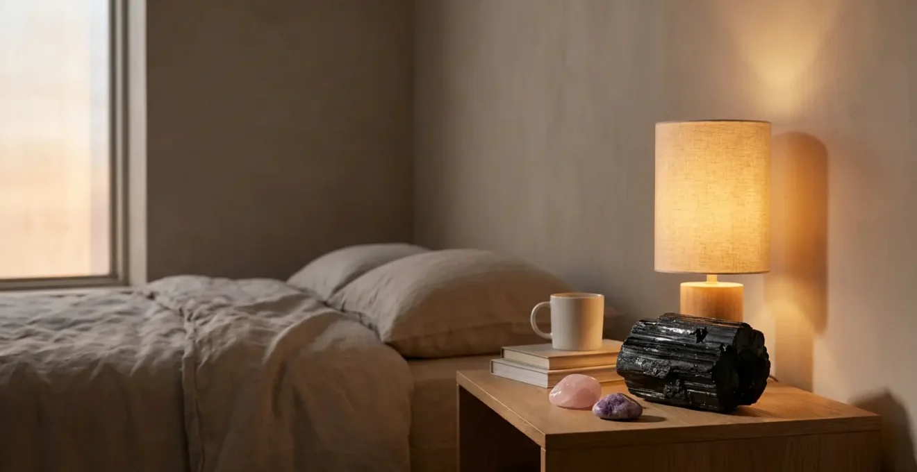 Turmalina negra grande en mesita de noche junto a cuarzo rosa creando ambiente equilibrado