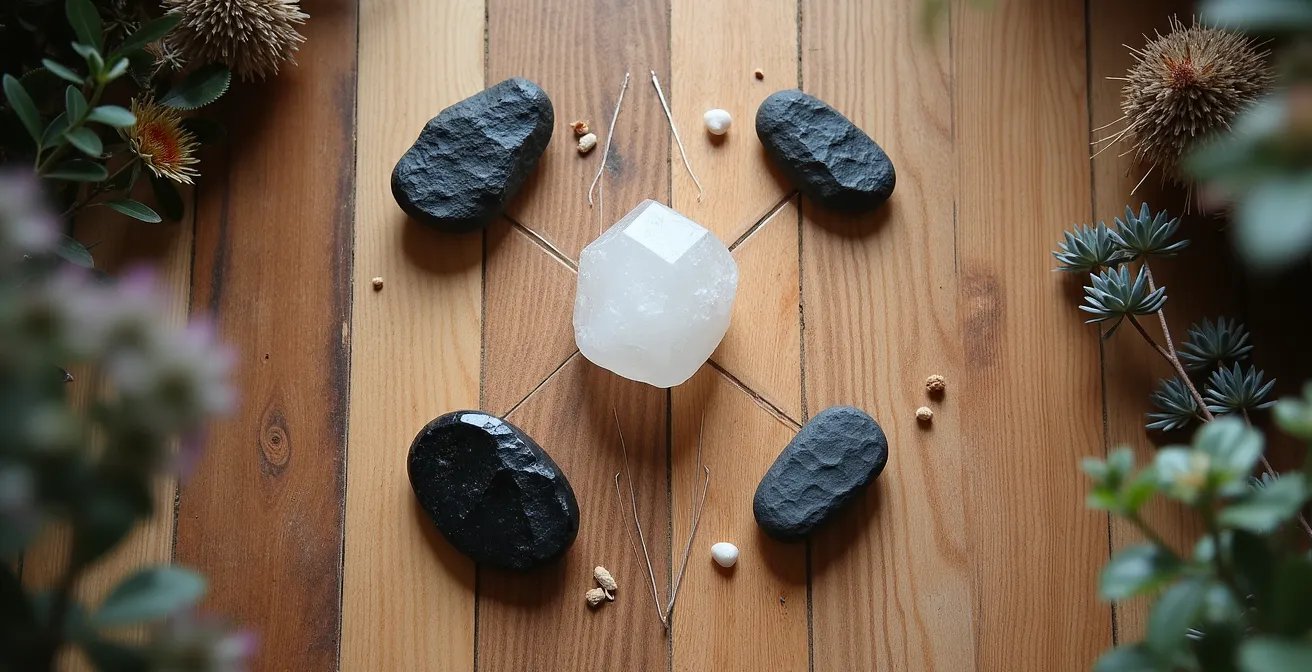 Turmalinas negras colocadas estratégicamente en esquinas con cuarzo transparente central